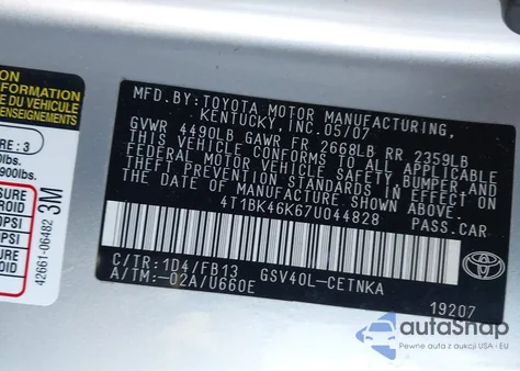 2007 Toyota Camry Le V6 from USA, damaged, VIN 4T1BK46K67U044828